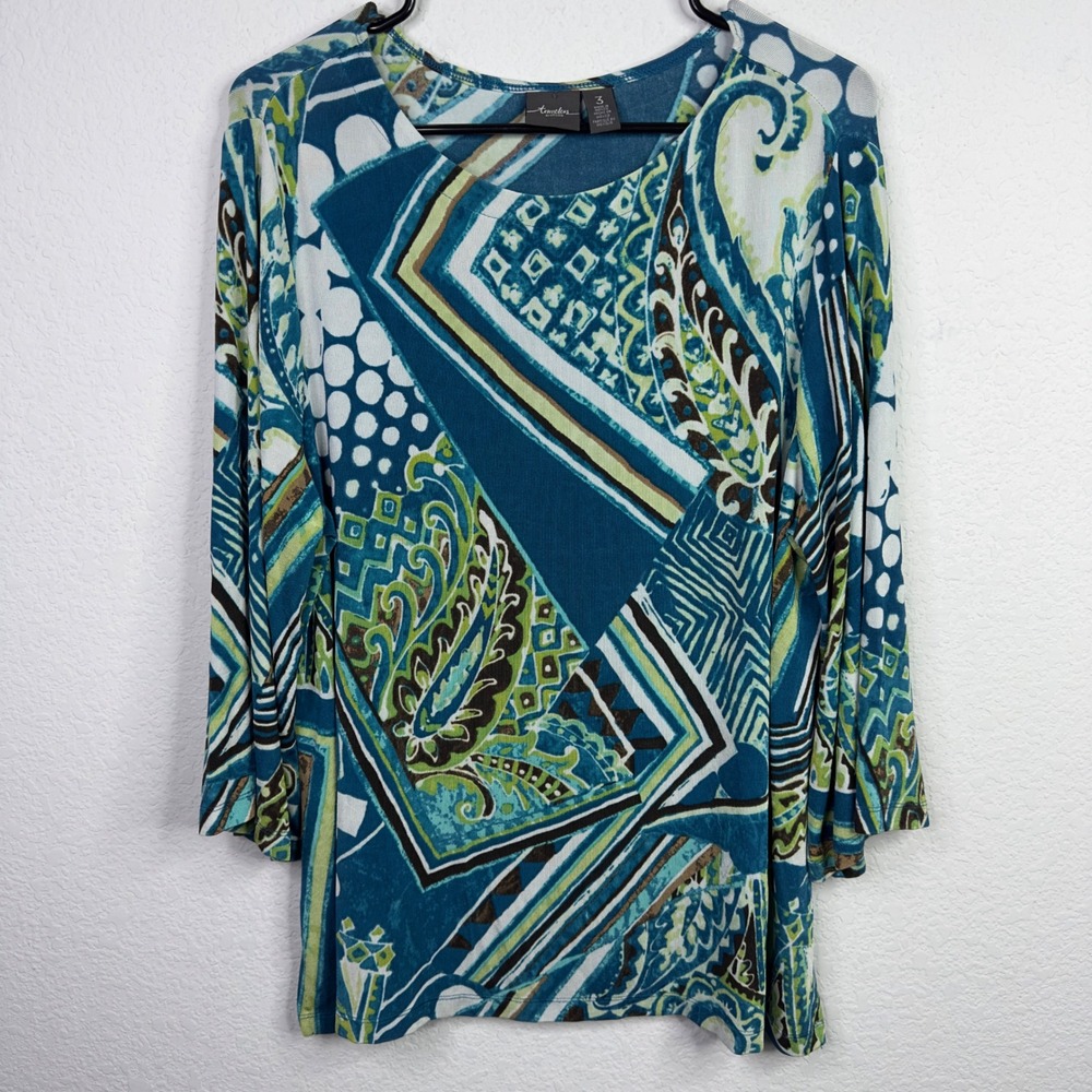 Travelers by Chico's Shirt Women 3/XL Blue Paisley Geometric Slinky Artsy Career
